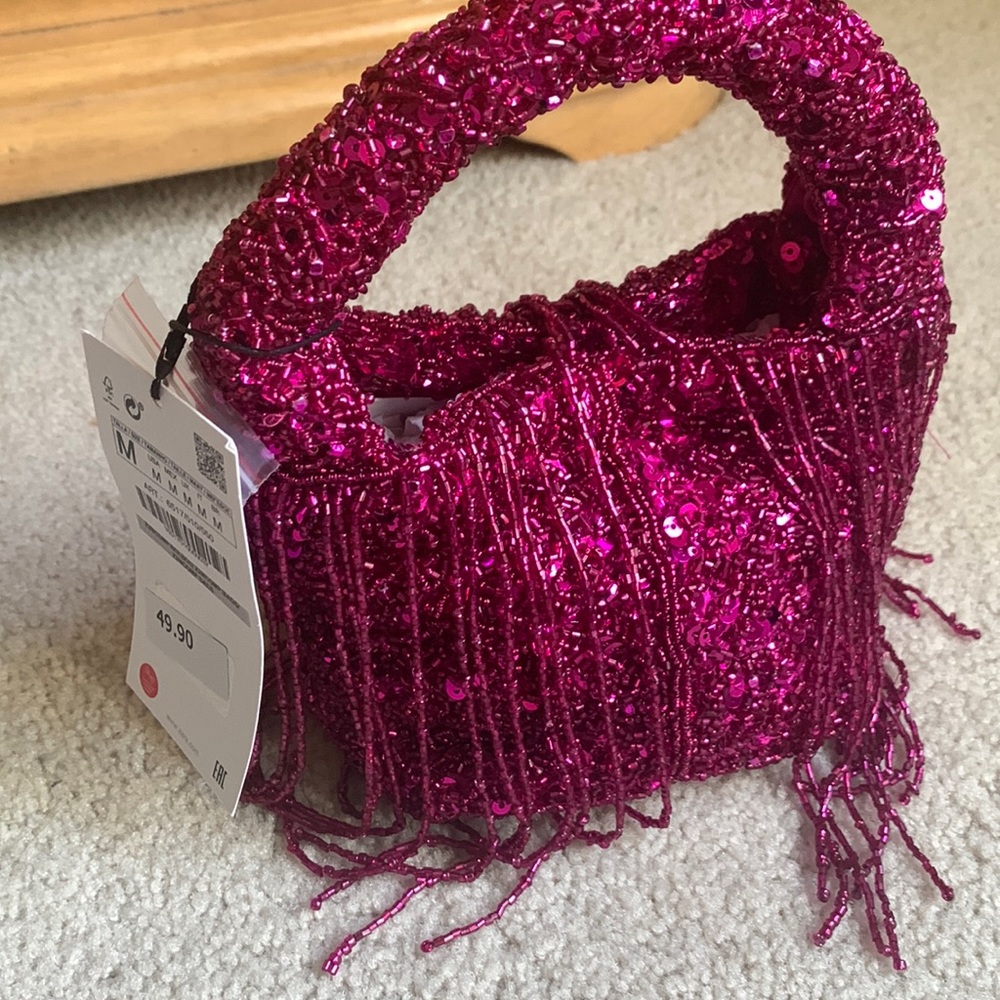 Zara Sequin and Beaded Fringe Bag in Pink
